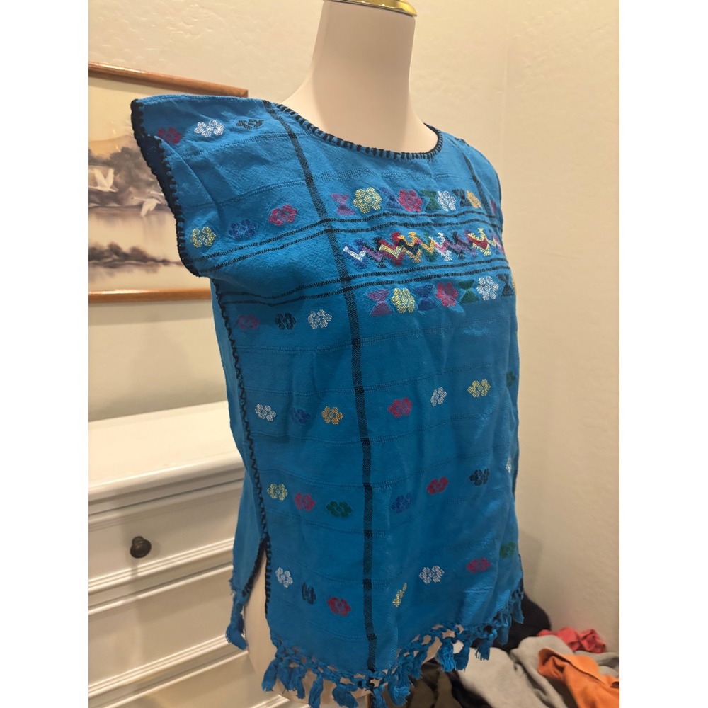 Mexican Huipil Embroidered Top Turquoise Blue Boho Artisanal Tassel Fringe top - Picture 2 of 5